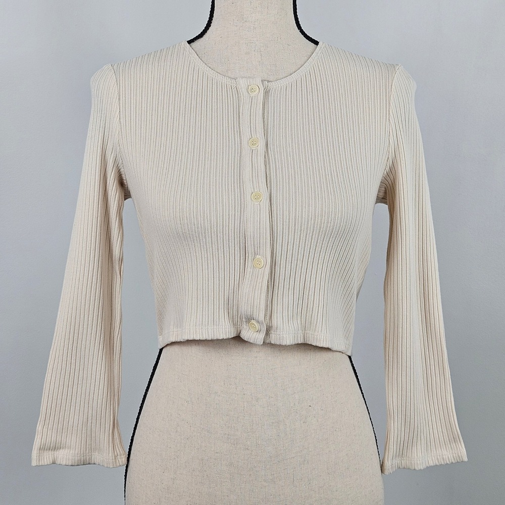 Reformation Cardigan Women S Beige Ribbed Cropped Button Front Top